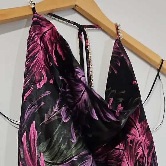 NWT NICHOLAS Melia floral-feather print silk halter-neck maxi gown